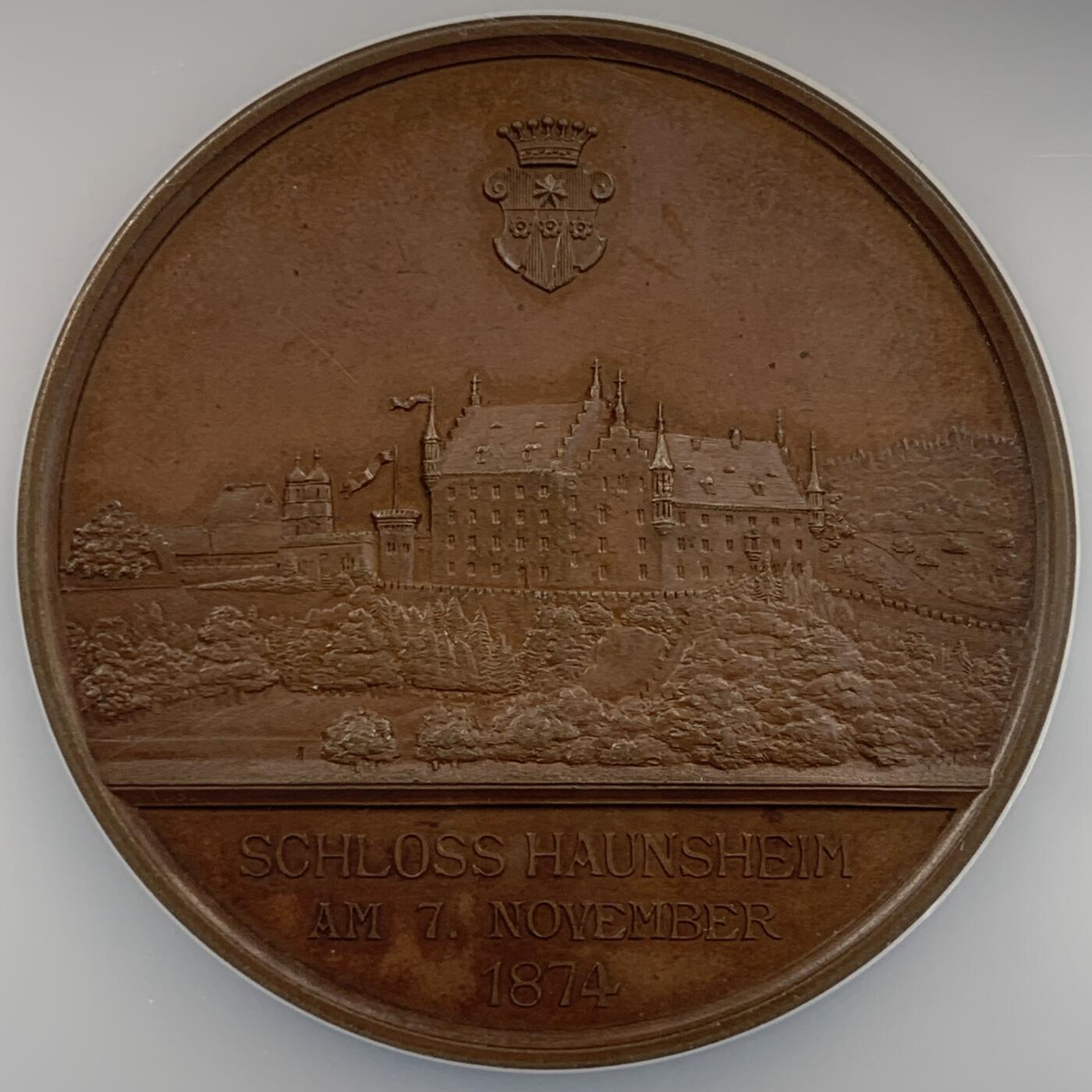 掌中浮雕-藏着的欧洲第054场 NGC MS63 : 1874年德国巴伐利亚豪恩斯海姆城堡纪念铜章 ，A. Börsch雕刻，50mm