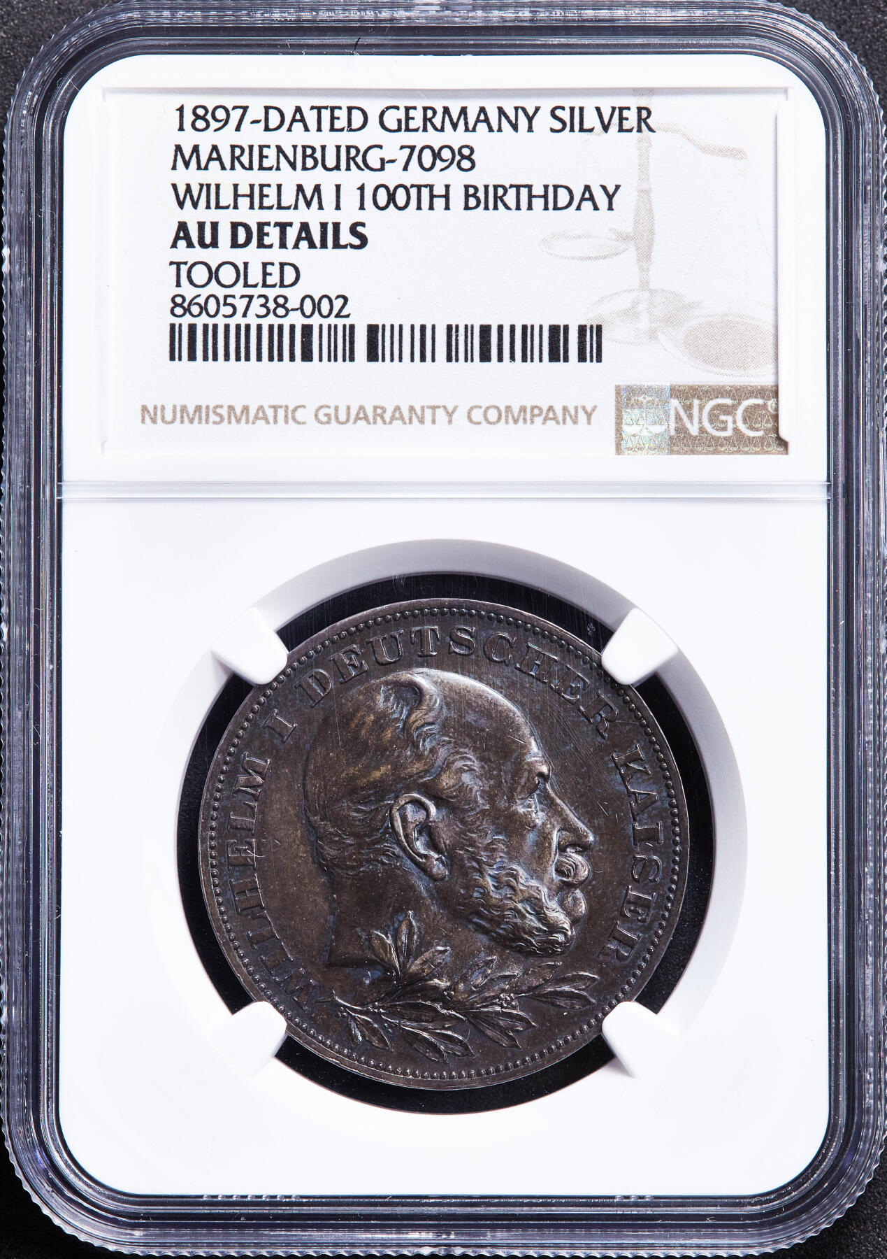 【俄甄集藏】2026年(049)03-18星期三 晚 19:30 全场包邮 德国1897年纪念国王威廉一世诞辰100周年银章，NGC AUD，酱彩包浆，设计精美