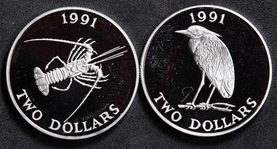 【俄甄集藏】2026年(049)03-18星期三 晚 19:30 全场包邮 - 英属百慕大1991年动物保护系列眼斑龙虾与皇冠夜莺2元精制大银币一对，单枚重28.28克，925银，发行量3000枚