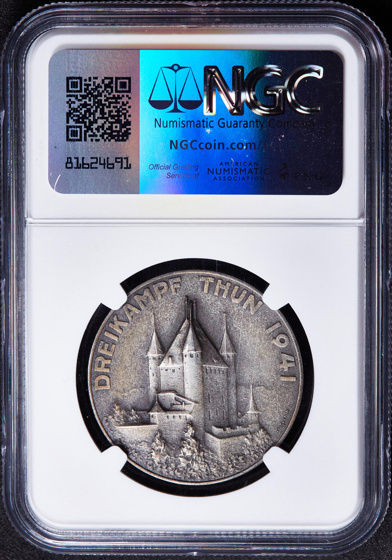 【俄甄集藏】2026年(049)03-18星期三 晚 19:30 全场包邮 瑞士1941年二战军事战备时期图恩市军官协会三项全能军事竞赛纪念银章，NGC MS66，磨砂底板，顶级状态，黄油酱彩老包浆，稀少品种