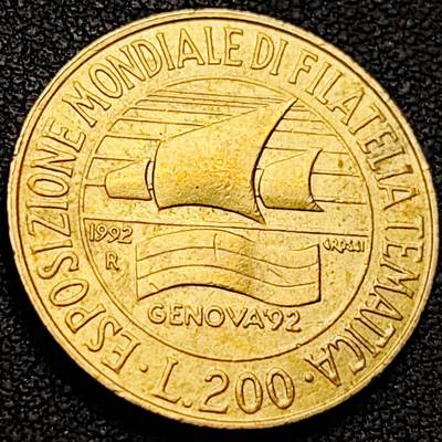 泉币菌-第207场-拍品多 请提前出价 - 原光美品 1992年 热亚那博览会 意大利200里拉青铜币 24mm