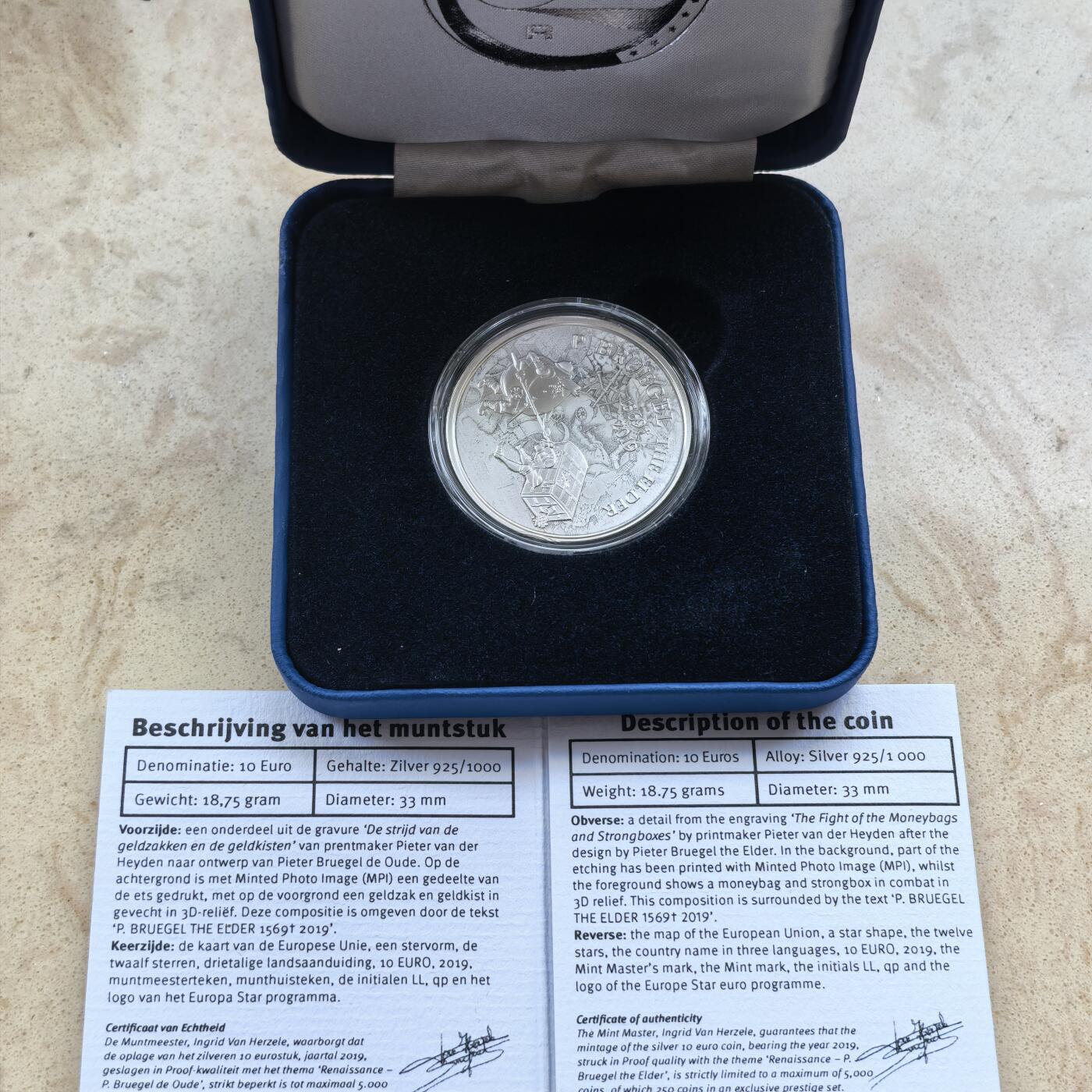 道一币馆币章第一百六十八场 原盒证 比利时2019年佛兰德斯美术代表人物勃鲁盖尔逝世450周年10欧元精制银币