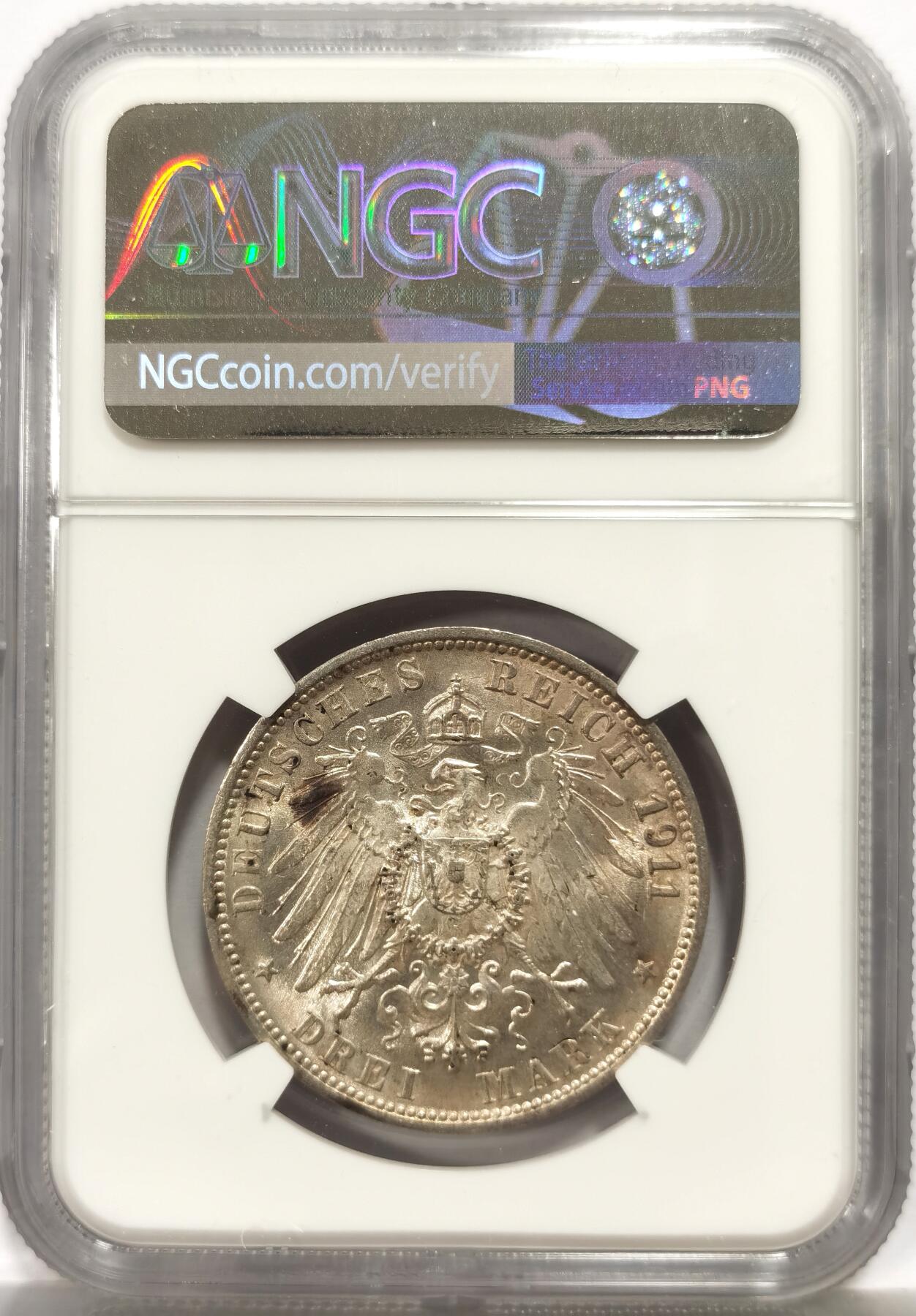 博洋堂世界钱币拍卖第164期（全场包邮） NGC MS64 德国1911年符腾堡银婚3马克银币，极美车轮光好品。