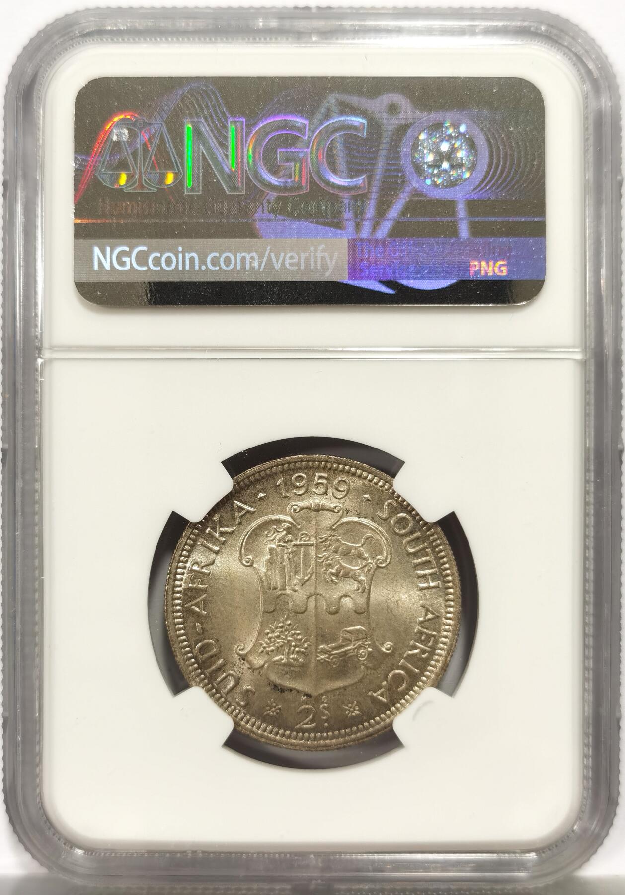 博洋堂世界钱币拍卖第164期（全场包邮） NGC MS65 南非1959年伊丽莎白二世2先令银币，极美五彩包浆，丝绸般光泽。