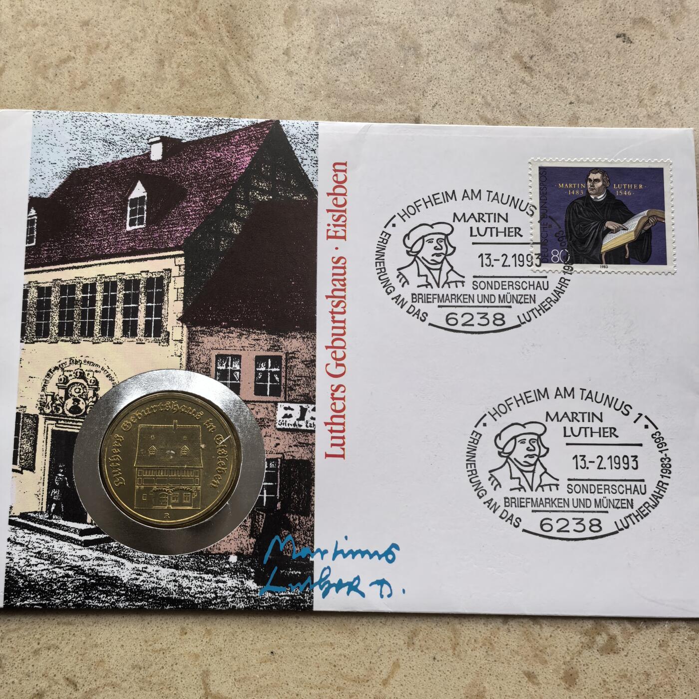 道一币馆币章第一百六十八场 邮币封 民主德国1983年马丁·路德-艾斯莱本教授诞辰500周年5马克纪念币