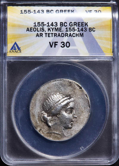 【俄甄集藏】2026年(049)03-18星期三 晚 19:30 全场包邮 - 古希腊城邦库迈公元前155-143年四德拉克马亚马逊女战士银币，ANACS VF30,，库迈城发行，正面戴桂冠的亚马逊女战士库迈（亚马逊为希腊神话中的女性部落，居住在黑海和亚速海沿岸），背面月桂环绕骏马，崇拜传说中的亚马逊女战士，故选用亚马逊女王库迈的名讳为城邦命名