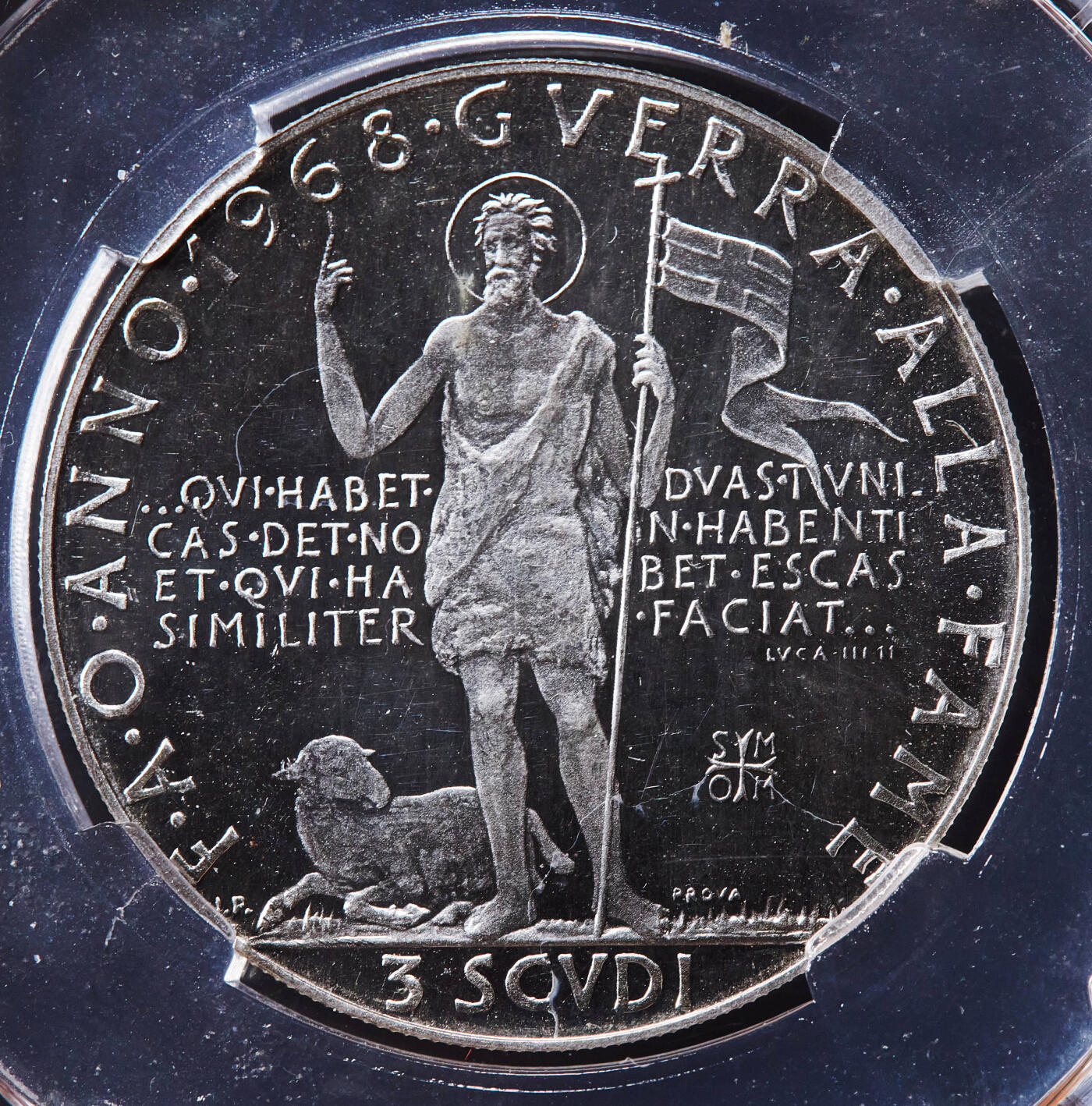 【俄甄集藏】2026年(049)03-18星期三 晚 19:30 全场包邮 马耳他骑士团1968年圣约翰与公羊主题FAO粮农组织3斯库多精制银币，信泰 SP65，重12克，800银，发行量20000枚