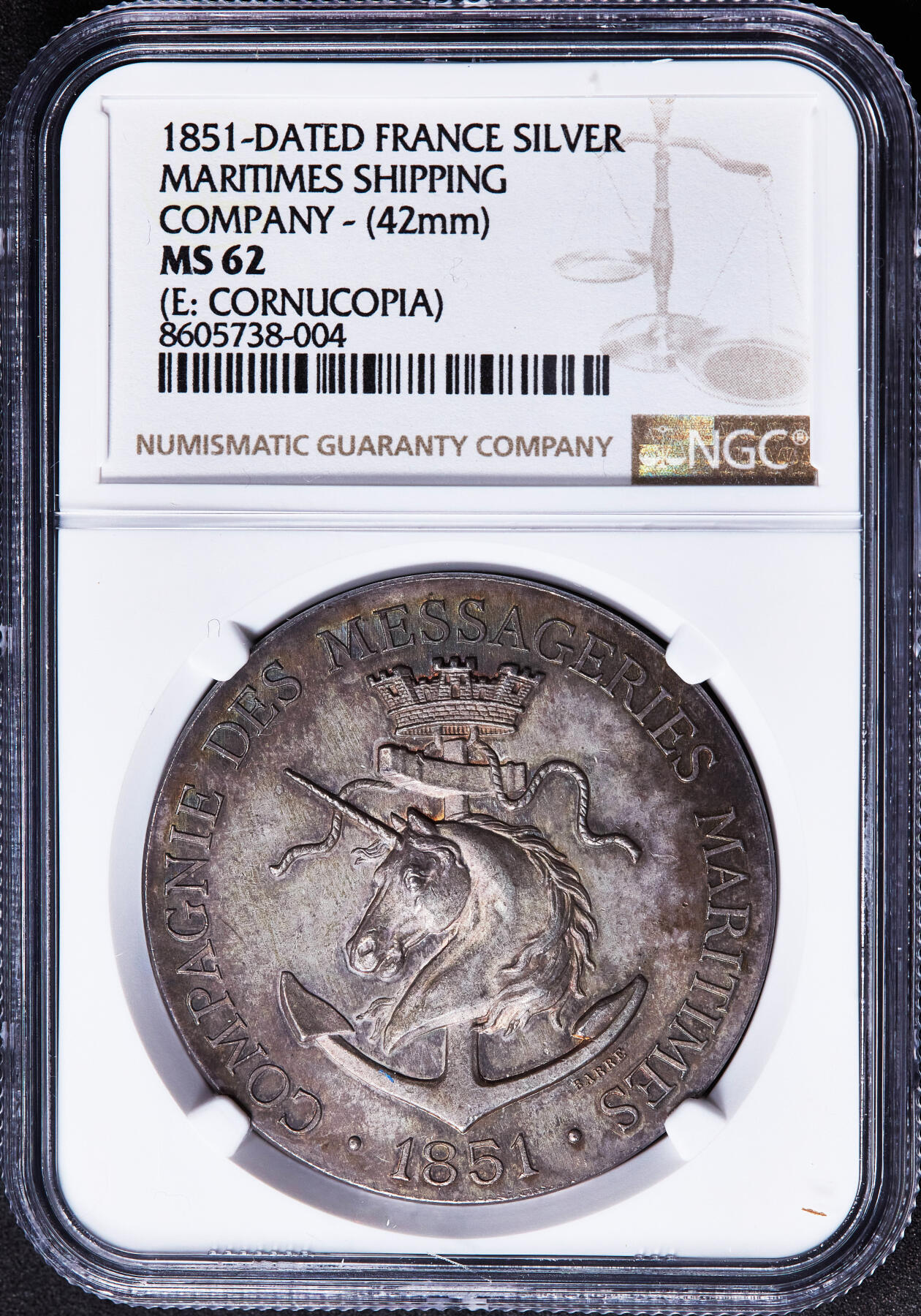 【俄甄集藏】2026年(049)03-18星期三 晚 19:30 全场包邮 法国1851年海运公司成立飞马造像大银章，NGC MS62，设计精美，五彩包浆，丰饶角铭，直径42mm