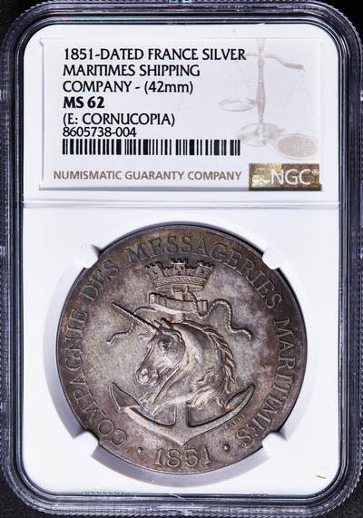 【俄甄集藏】2026年(049)03-18星期三 晚 19:30 全场包邮 - 法国1851年海运公司成立飞马造像大银章，NGC MS62，设计精美，五彩包浆，丰饶角铭，直径42mm