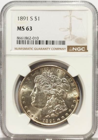 博洋堂世界钱币拍卖第164期（全场包邮） - NGC MS63 美国1891 S 摩根银币 麦稀奇所见最高分 稀有年份版别 铸打精细 车轮转光 不可错过的藏品