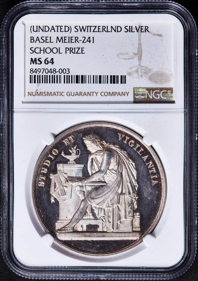 【俄甄集藏】2026年(049)03-18星期三 晚 19:30 全场包邮 - 瑞士19世纪日内瓦学院银质奖章，NGC MS64，高浮雕，原味包浆，类精制底板，沉思的学者与“黑暗之后是光明”的拉丁文格言遥相呼应，设计精美