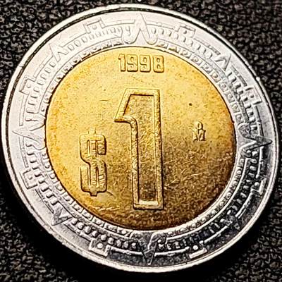 泉币菌-第207场-拍品多 请提前出价 - 原光极美 1998年 墨西哥1比索双金属币 鹰蛇图案 玛雅文化 21mm美洲币