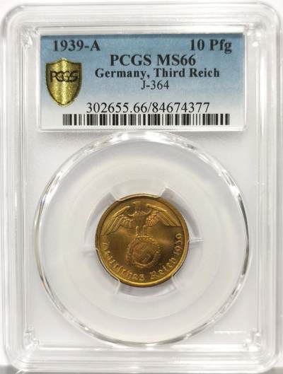博洋堂世界钱币拍卖第164期（全场包邮） - PCGS MS66 德国第三帝国1939年A版10芬尼铜币，PCGS冠军分！一枚毕业