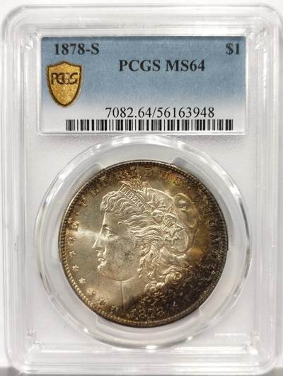 博洋堂世界钱币拍卖第164期（全场包邮） - PCGS MS64 美国1878 S 摩根银币 首年摩根 双面极美五彩包浆 转光犀利 不可多得的藏品