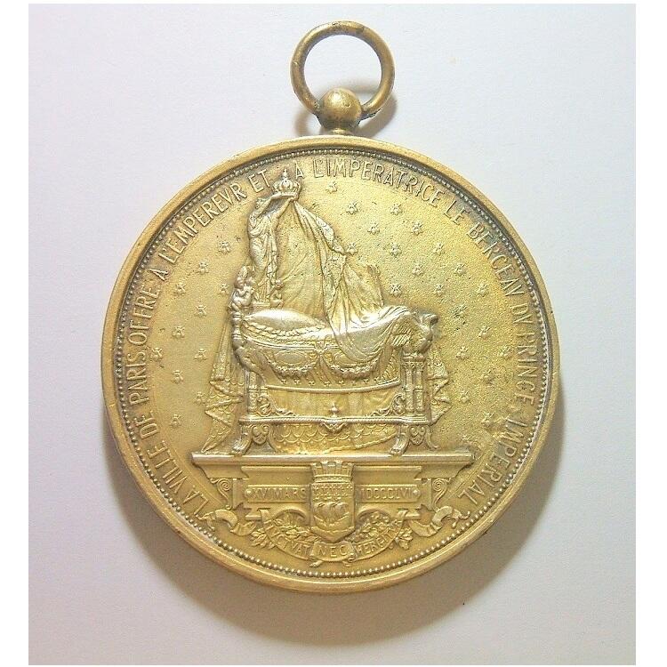 【艺术】法国艺术大章1856年 拿破仑三世儿子四世出生 高浮雕精制超大镀金章 75MM 156克 鎏金工艺（蘸金水）金层要厚