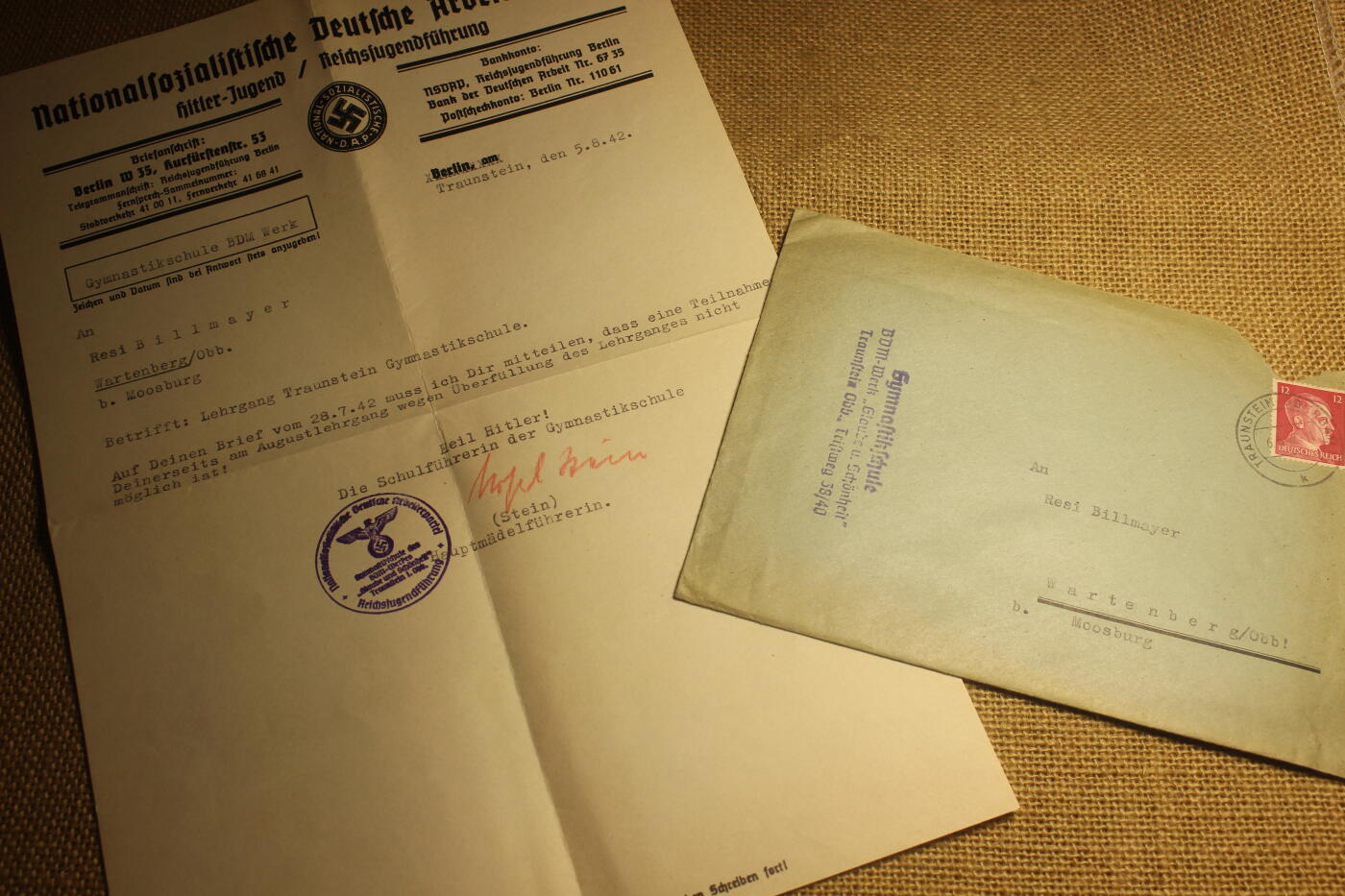 2026.3.14德系主题拍卖 德三希特勒青年团分支机构德国少女联盟发出的通知函，内容大意是因故取消日常训练，1942年8月5日，年代久远纸张略有痕迹。