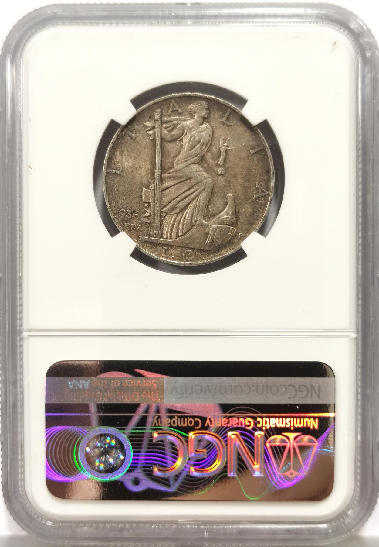 博洋堂世界钱币拍卖第164期（全场包邮） NGC AU58 意大利1936年十里拉银币，亚平宁女神经典形象，老包浆状态好。