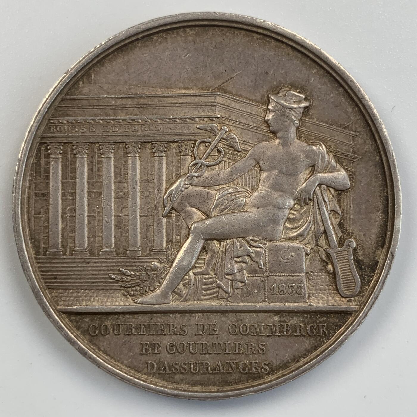 掌中浮雕-藏着的欧洲第054场 1833年法国商业与保险经纪人银章，34.5mm, 17.8g，油灯边铭