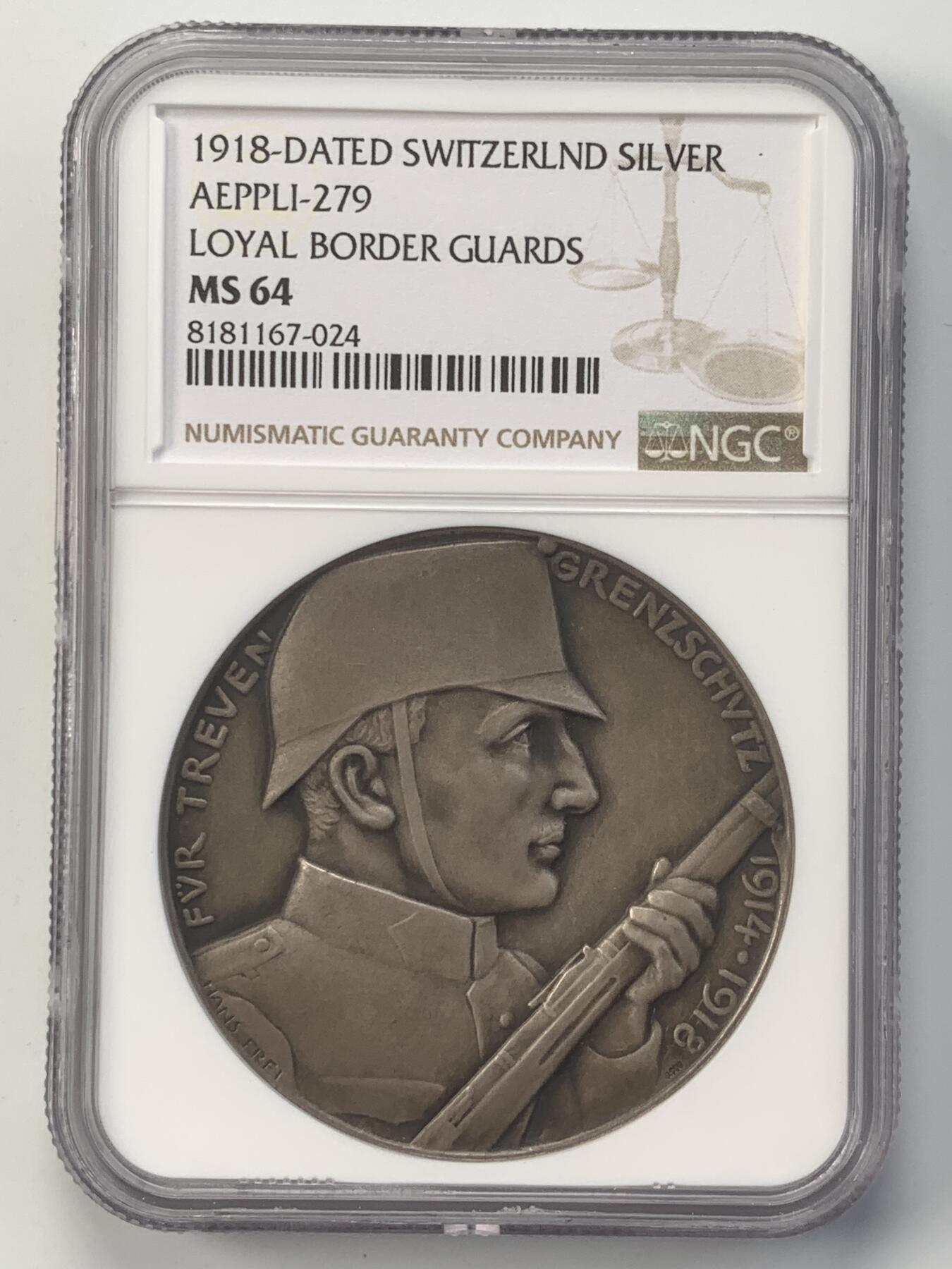 掌中浮雕-藏着的欧洲第054场 NGC MS64 ：1918年瑞士忠诚边防军纪念银章，45mm