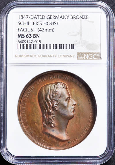 【俄甄集藏】2026年(049)03-18星期三 晚 19:30 全场包邮 - 德国1847年纪念古典文学家弗里德里希·席勒故居大铜章，NGC MS63，巧克力包浆，高浮雕，雕刻家法基留斯作品，直径42mm