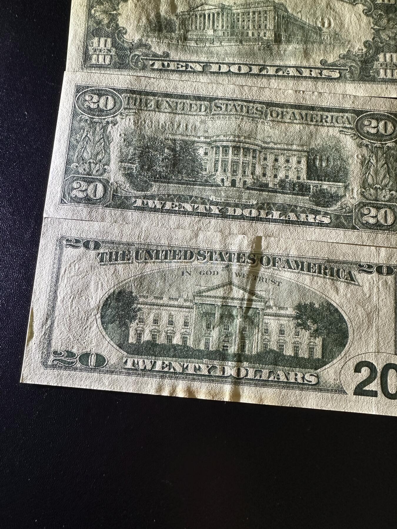 《外钞收藏家》第六百一十六期（精品场）（长期征集拍品、欢迎藏友们联系合作） 美国小头版5、10、20美元 全新轻微潮+大头版20美元AU 四张一起