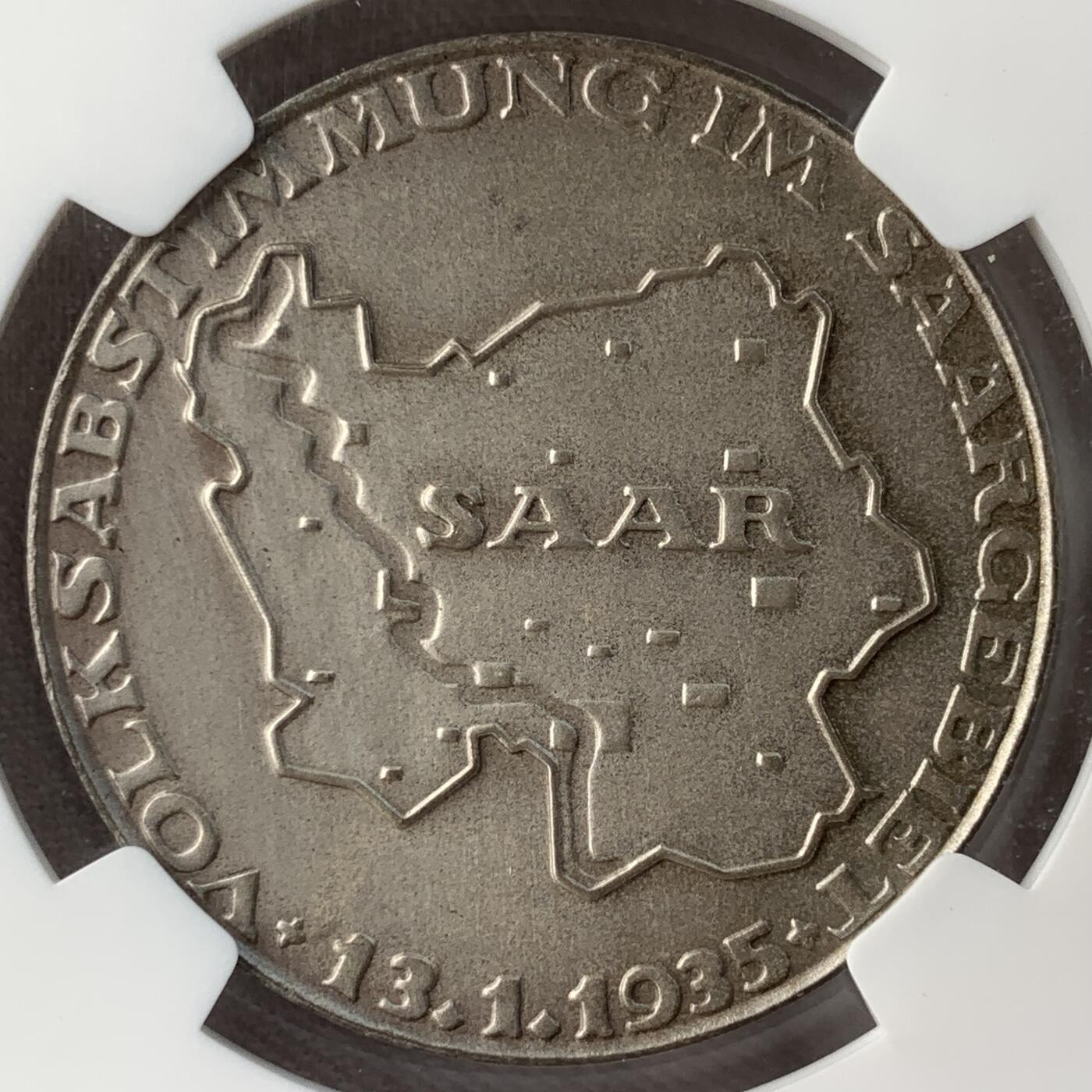 掌中浮雕-藏着的欧洲第054场 NGC MS63 : 1935年德国萨尔区公投纪念银章，36mm