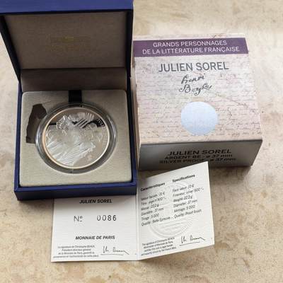 道一币馆币章第一百六十八场 - 原盒证 法国2013年法国历史文豪-朱利安·索雷尔（红与黑作者）10欧元精制银币  22.2g 900s 5000