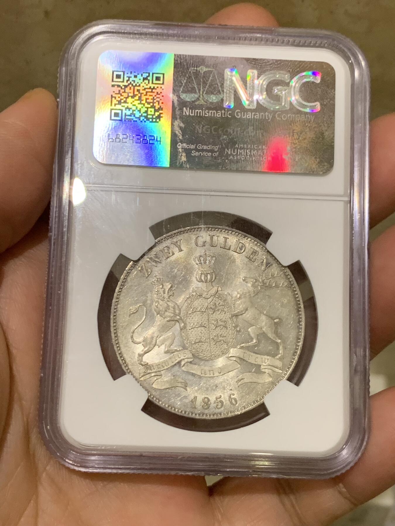 《竞宝斋》第469场 周日，周一 2场连拍 （全场包邮）欢迎送拍 唯一冠军分 NGC MS62 德国 1856年符腾堡 狮鹿盾徽2盾银币 转光明显 低评了 CNG买的裸币成本6500，值得入藏