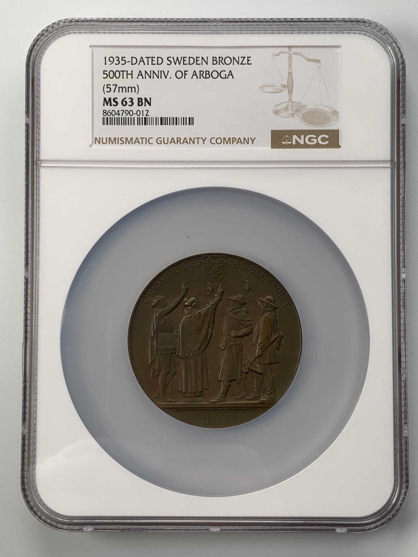 掌中浮雕-藏着的欧洲第054场 NGC MS63 : 1935年瑞典议会成立500周年纪念铜章，57mm