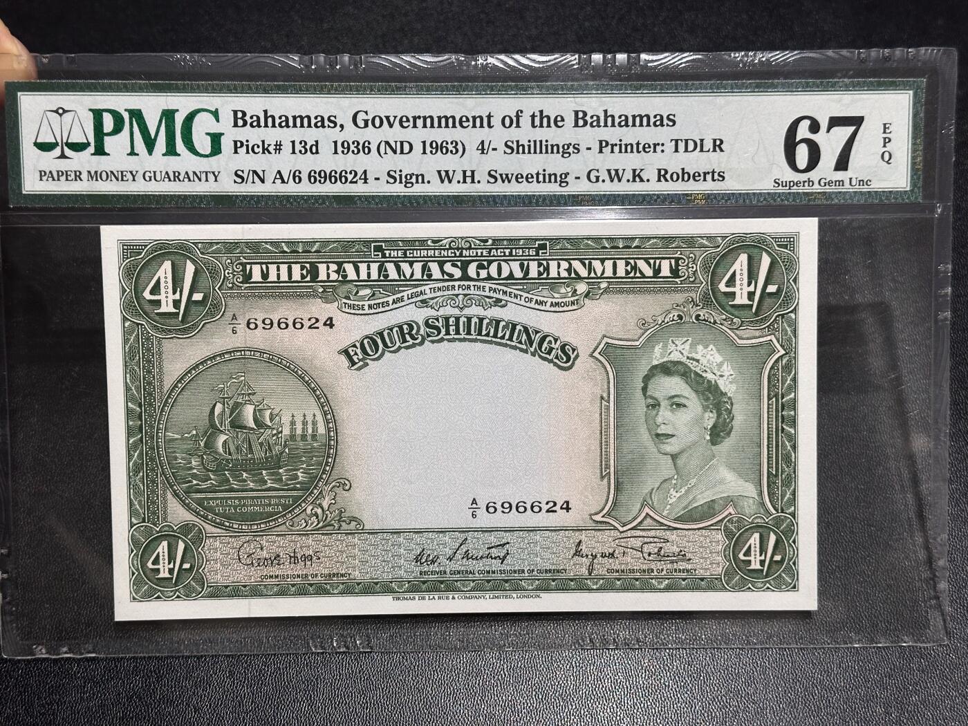 《外钞收藏家》第六百一十六期（精品场）（长期征集拍品、欢迎藏友们联系合作） 1963年巴哈马4先令 精美女王 PMG67