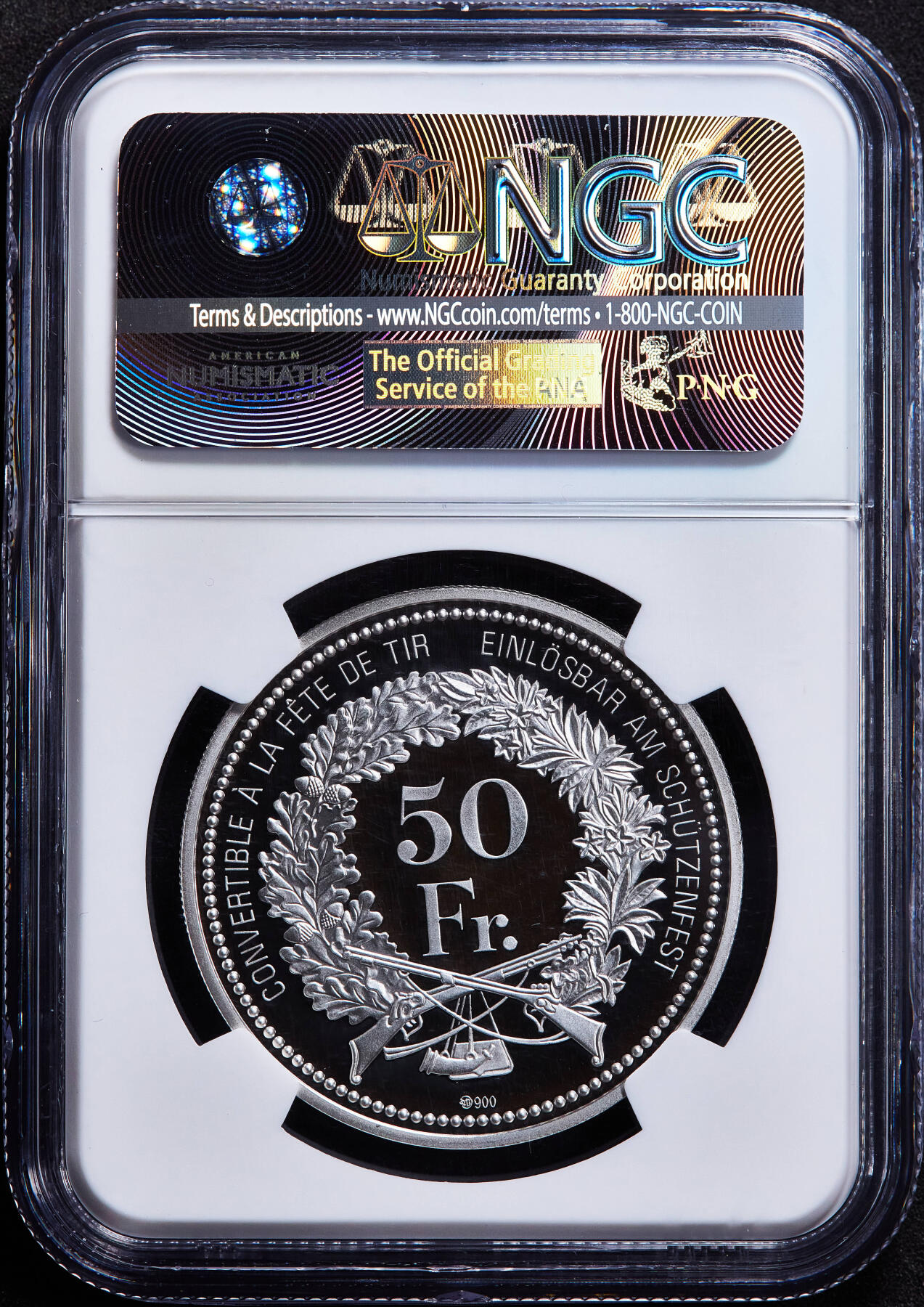 【俄甄集藏】2026年(049)03-18星期三 晚 19:30 全场包邮 瑞士2017年格拉鲁斯射击节50法郎精制大银币，NGC PF70UC，设计精美，重25克，900银，发行量1200枚，稀少