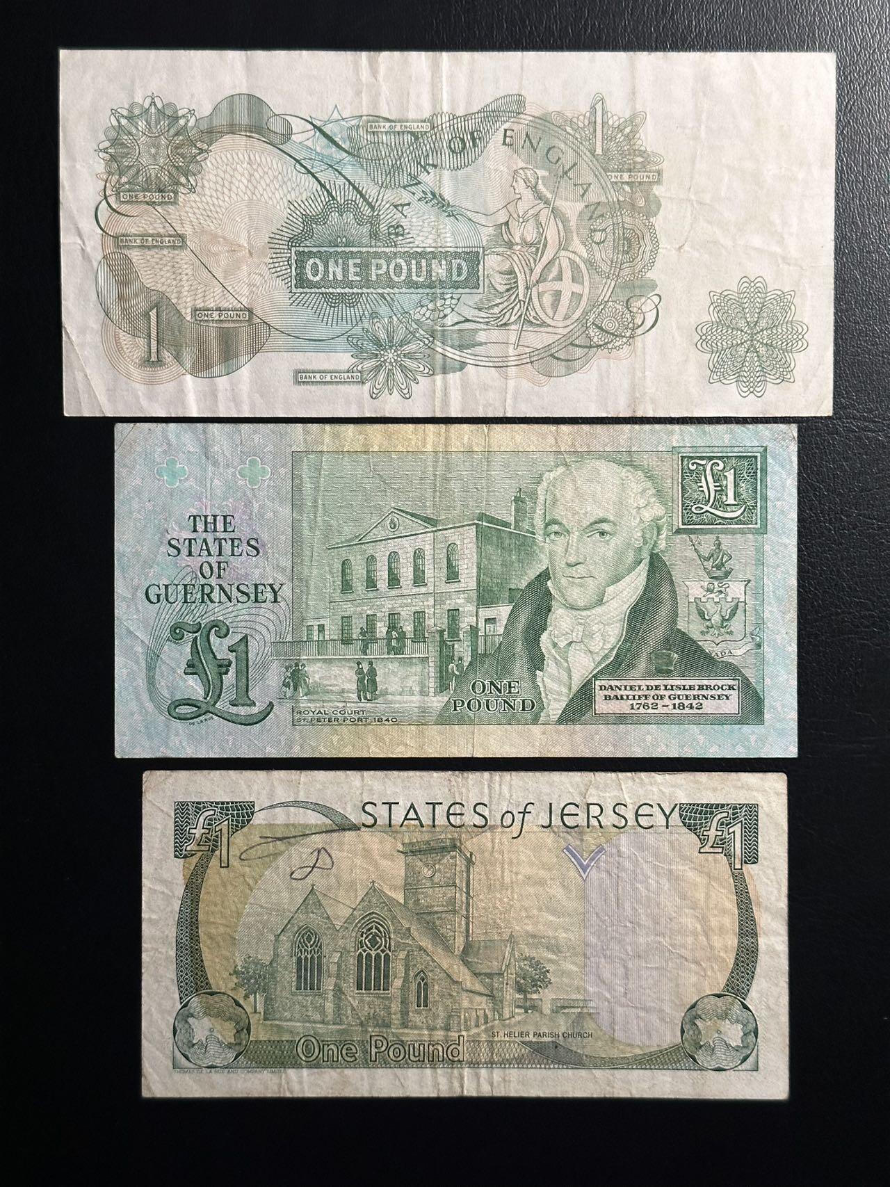 丙午马年三月第二场 精品更新 英国，泽熙，根西三地1镑，一组三张流通品相。都是上个世纪七八十年代左右的老版本，不是近期的新版，比较少见。