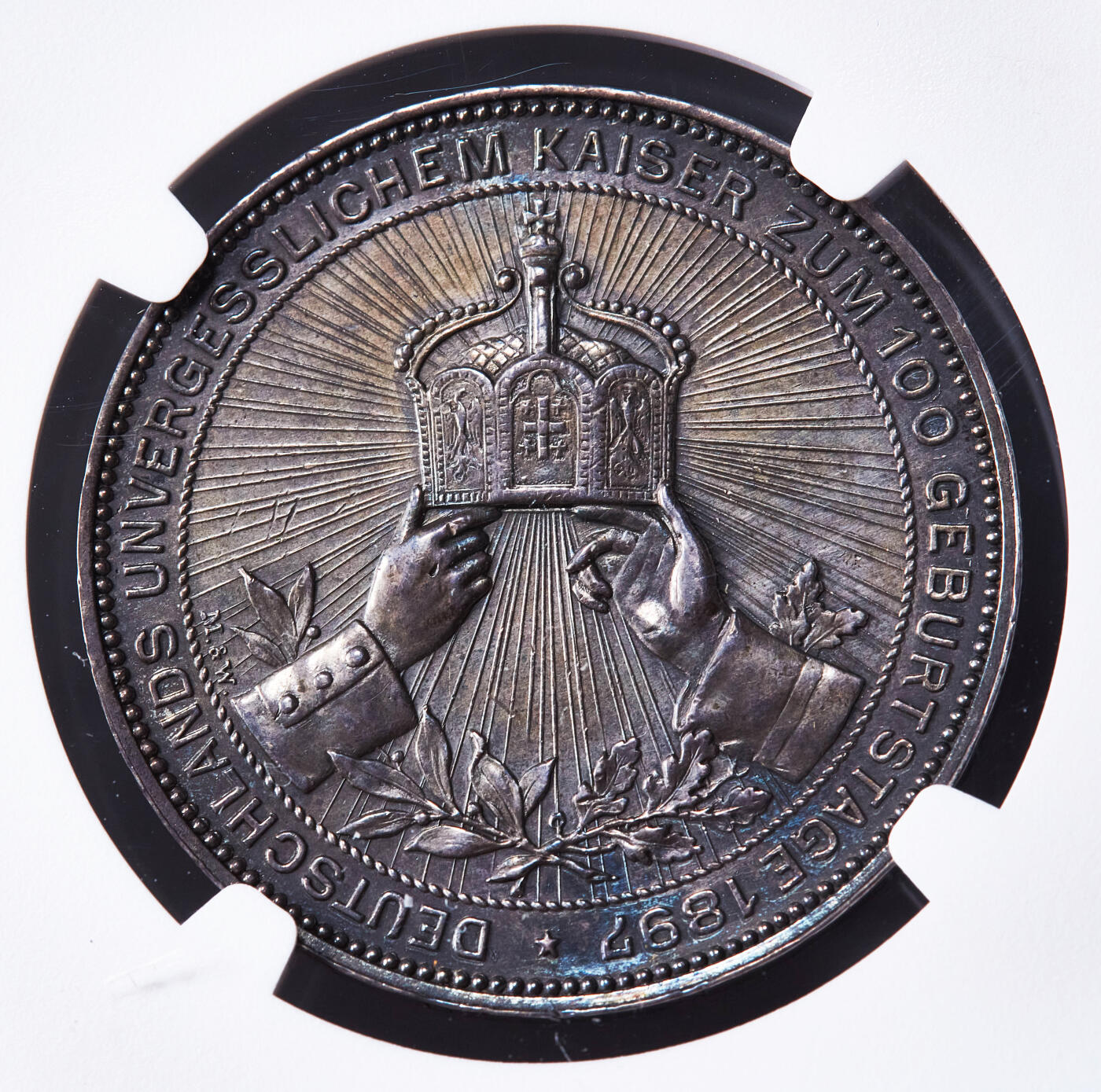 【俄甄集藏】2026年(049)03-18星期三 晚 19:30 全场包邮 德国1897年纪念国王威廉一世诞辰100周年银章，NGC AUD，酱彩包浆，设计精美