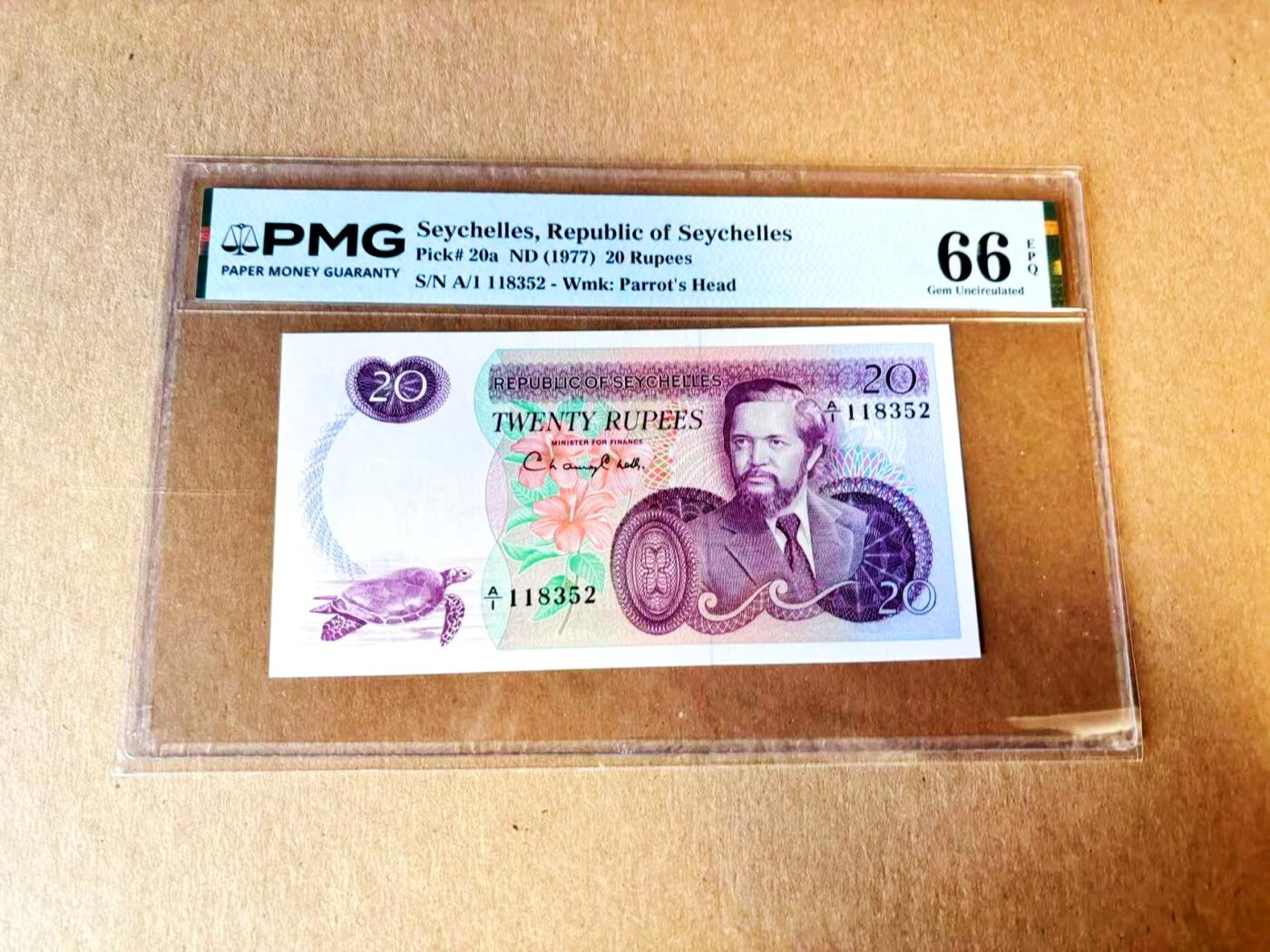 【Blue Auction】世界纸币精拍第793期——18级TOP拍卖/信誉/品质/专业/高效💫 【A/1冠无47】塞舌尔 1977年20卢比 PMG66EPQ 