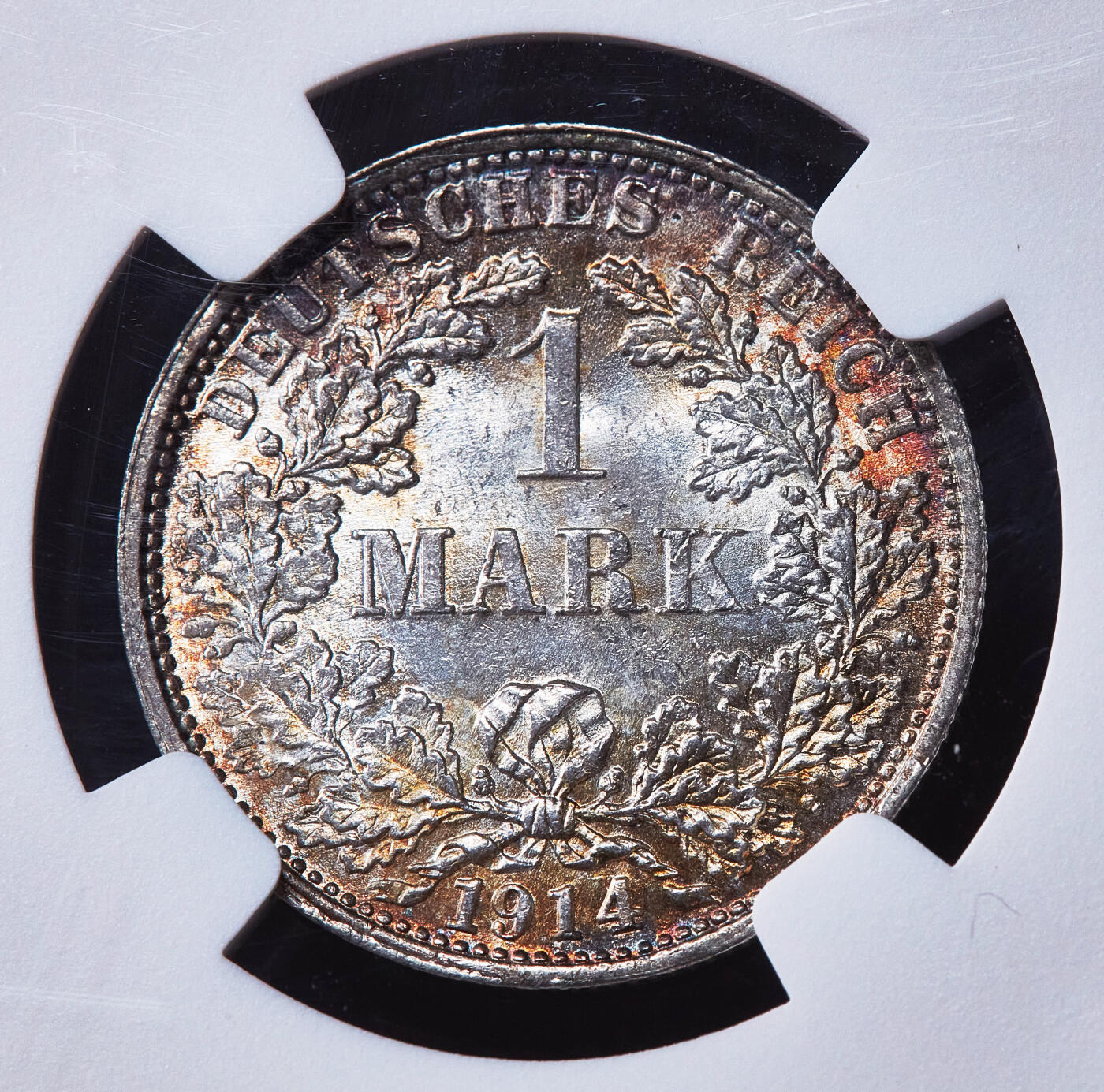 【俄甄集藏】2026年(049)03-18星期三 晚 19:30 全场包邮 德国1914年F版1马克银币，NGC MS65，五彩环彩老包浆，转光品相