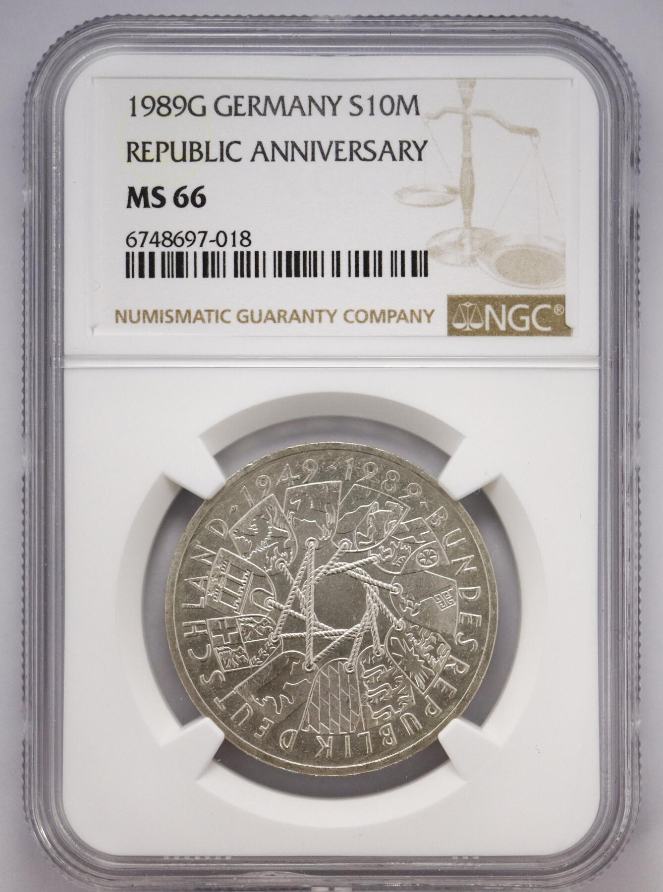 观钱 近现代机制币拍卖No.004（全场顺丰包邮）  1989 年德国联邦共和国成立 40 周年 10 马克纪念银币（NGC MS66）