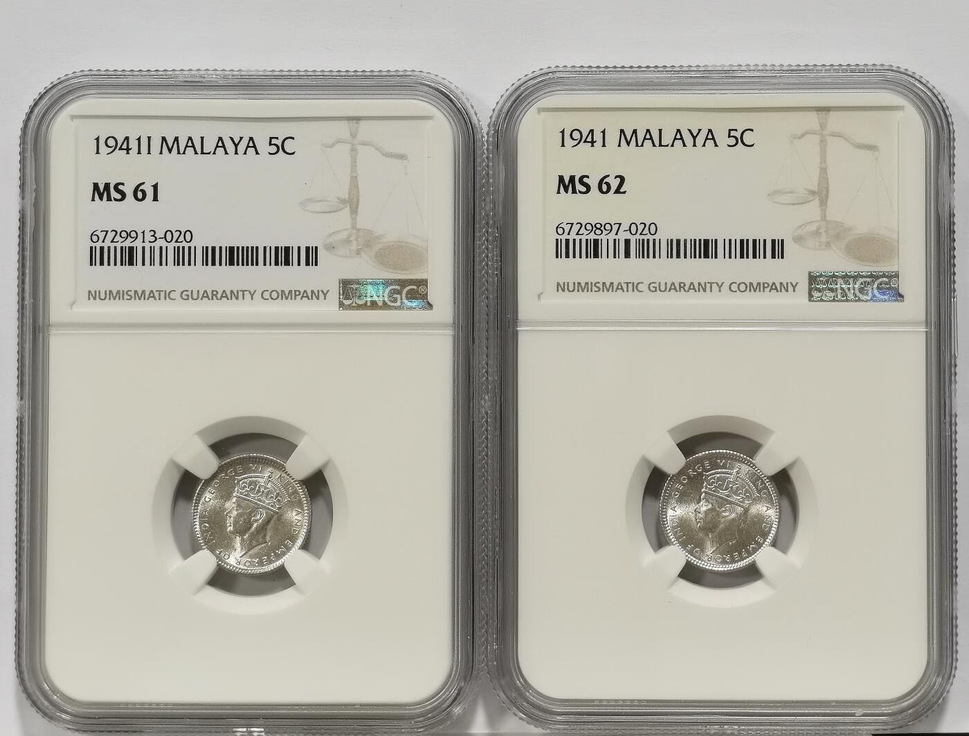 博洋堂世界钱币拍卖第164期（全场包邮） NGC MS61/62 英属马来亚1941年乔治六世5分银币2枚一对