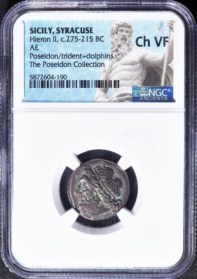 【俄甄集藏】2026年(049)03-18星期三 晚 19:30 全场包邮 - 古希腊西西里岛叙拉古公元前275-前216年希伦二世海神波塞冬铜币，NGC ChVF，出自波塞冬集藏，正面海神波塞冬头像，背面波塞冬的法器三叉戟，两边各有一只海豚，NGC海神特殊标签