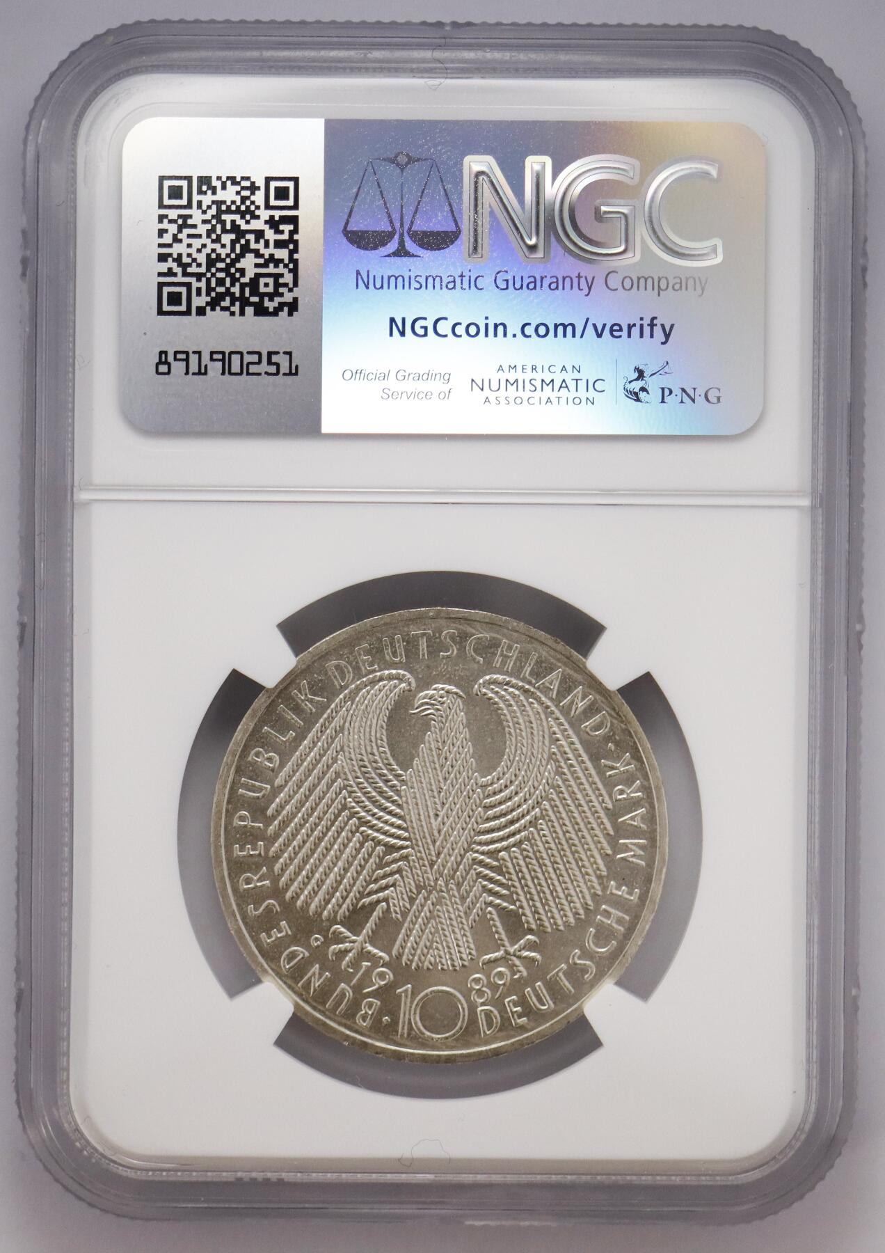 观钱 近现代机制币拍卖No.004（全场顺丰包邮）  1989 年德国联邦共和国成立 40 周年 10 马克纪念银币（NGC MS66）