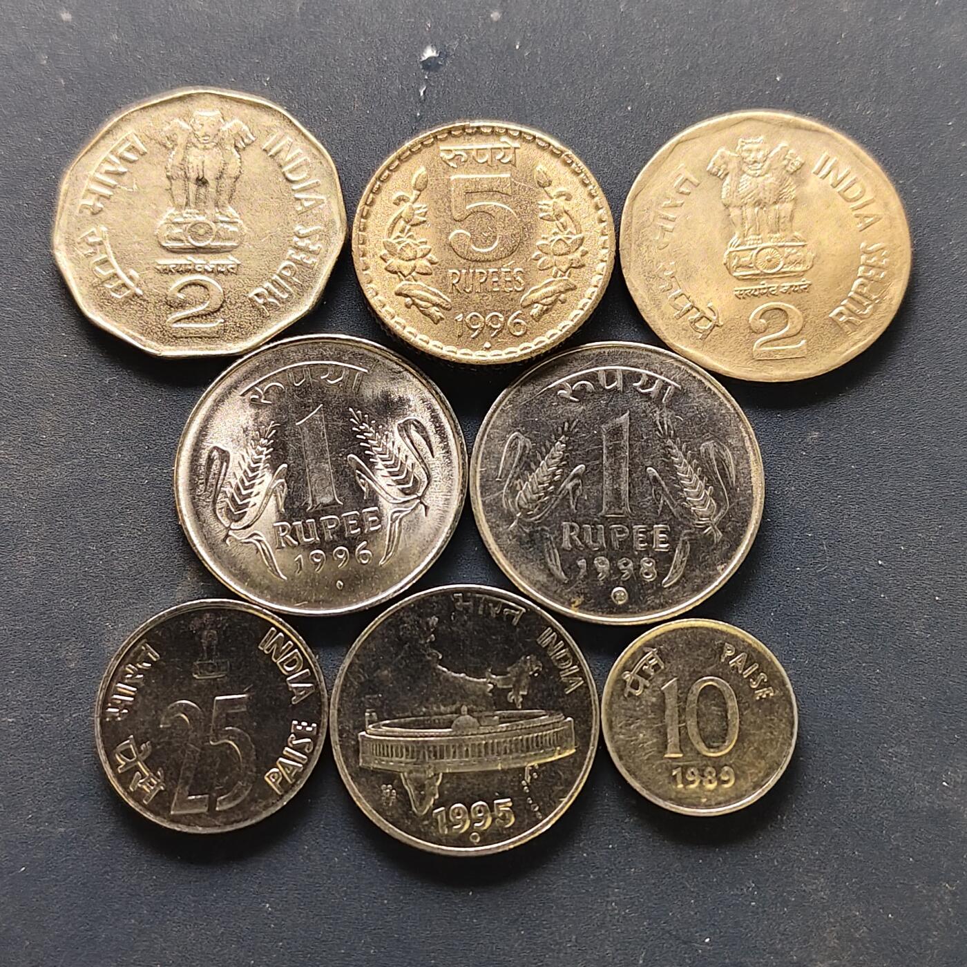 【全场包邮】纯粹捡漏拍510场 印度1989-2001年8枚套币-1-2卢比不同版本