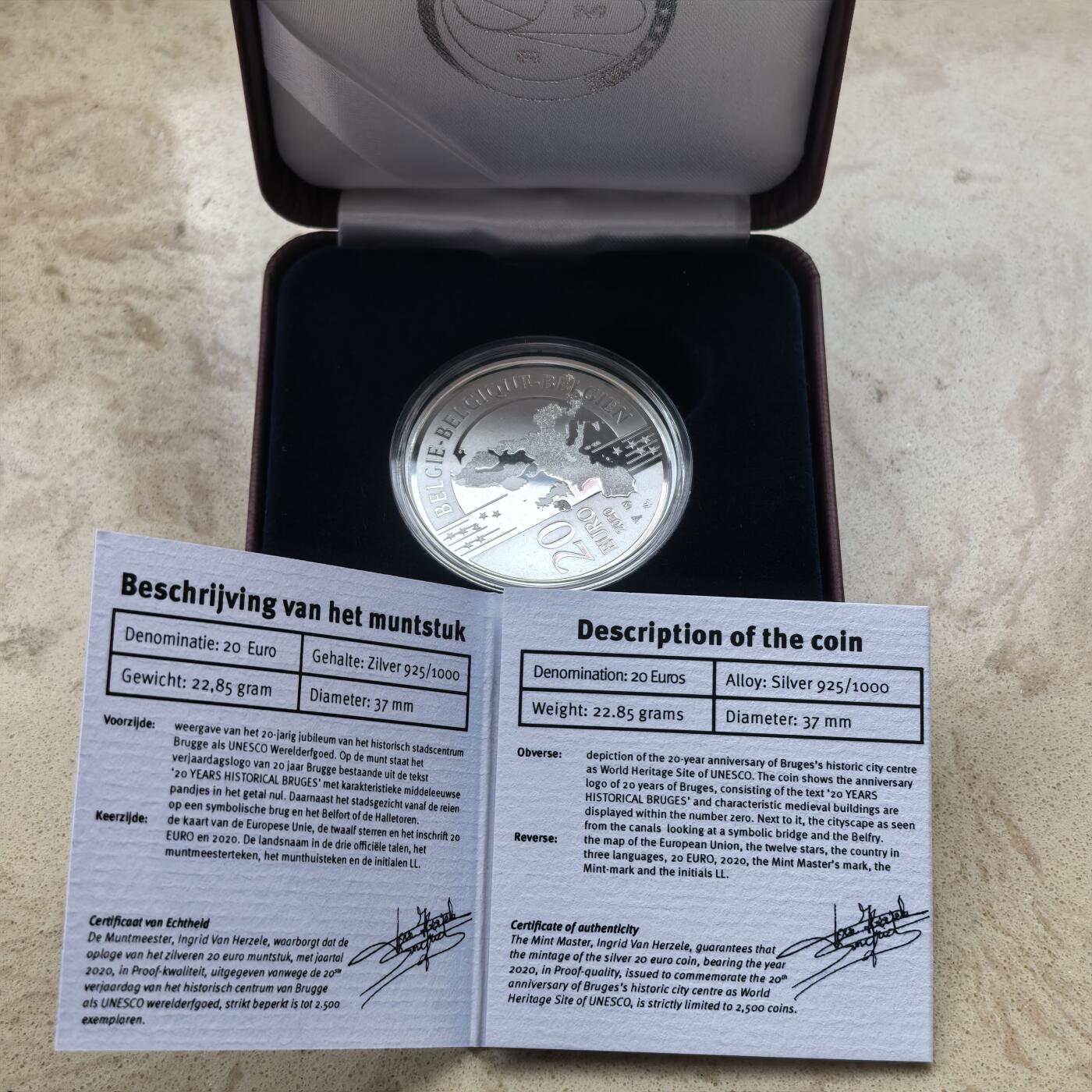 道一币馆币章第一百六十八场 原盒证 比利时2020年世界遗产布鲁日市中心20年20欧元精制银币