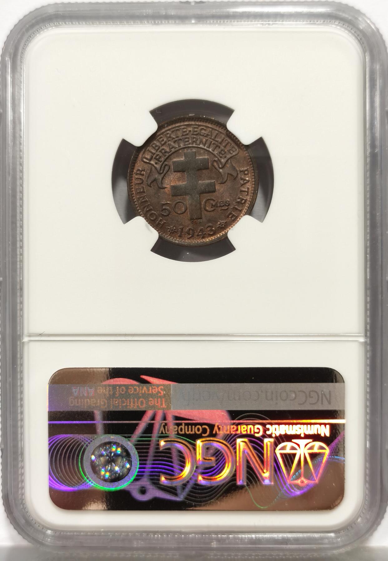 博洋堂世界钱币拍卖第164期（全场包邮） NGC MS63 自由法国属马达加斯加1943年50分铜币，包浆漂亮，很少见的品种，早期法属殖民地题材有潜力。