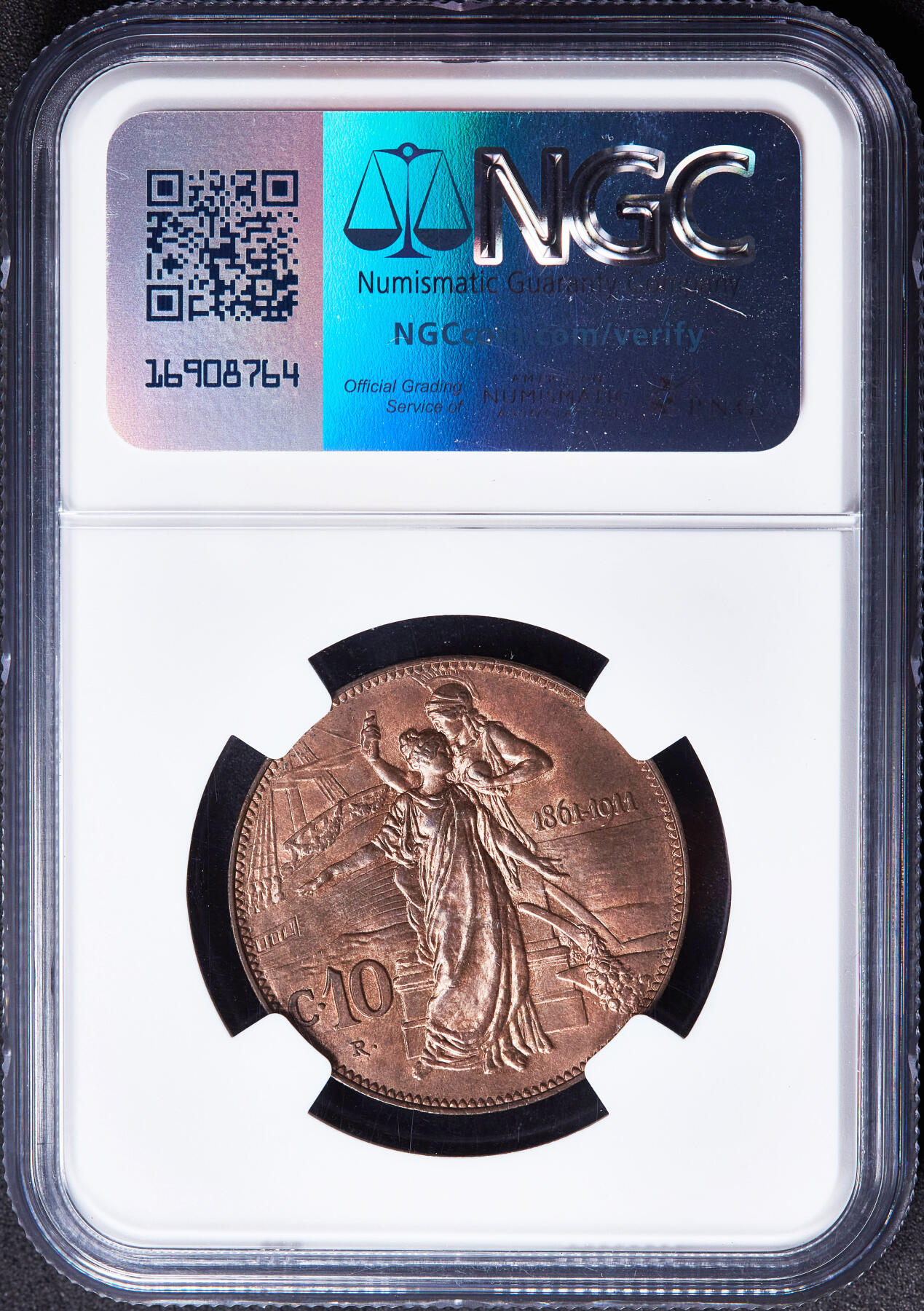 【俄甄集藏】2026年(049)03-18星期三 晚 19:30 全场包邮 意大利1911年R版伊曼纽尔三世建国50周年播种10分铜币，NGC MS64RB，原铜光转光品相，名誉品种，设计精美