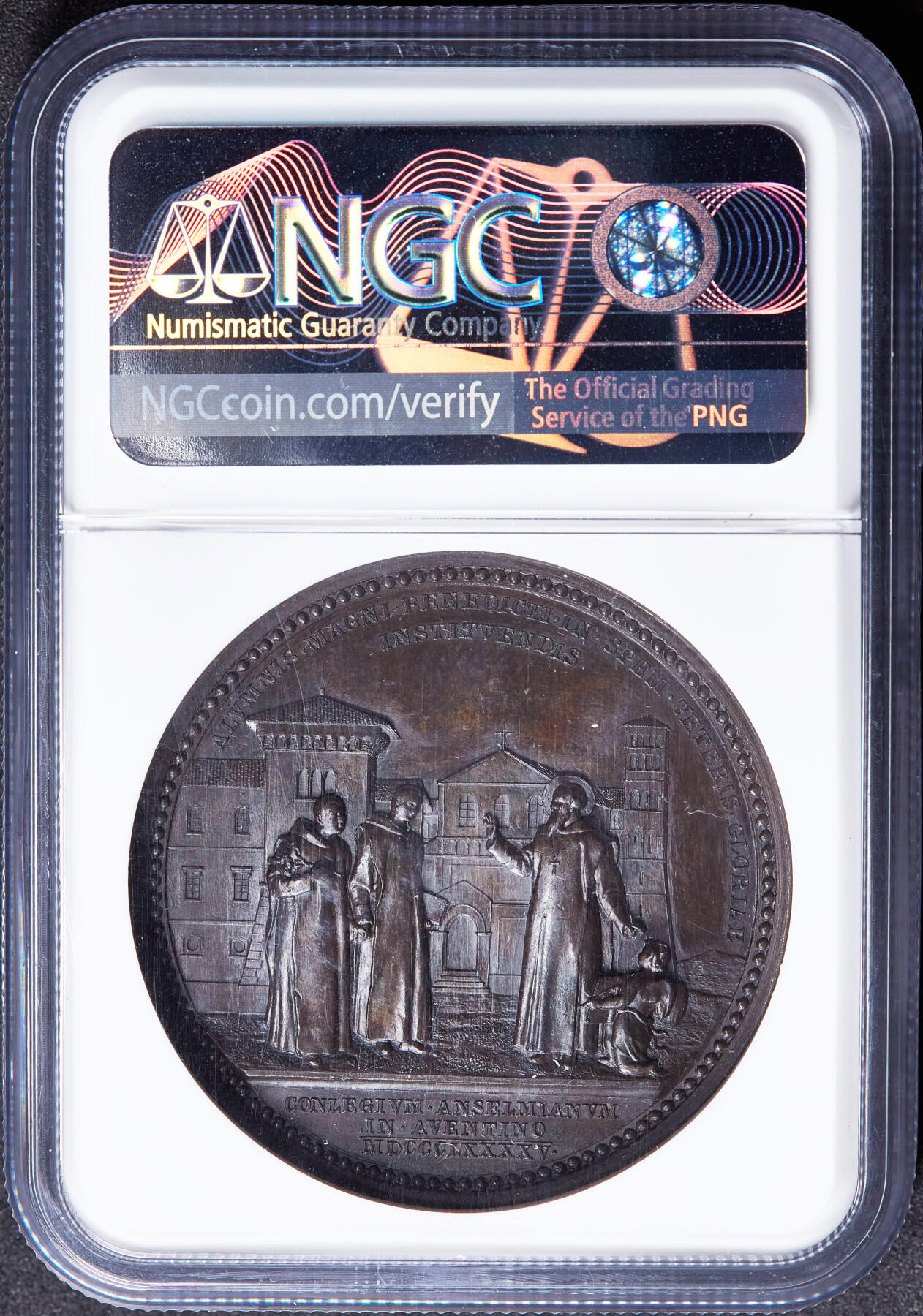 【俄甄集藏】2026年(049)03-18星期三 晚 19:30 全场包邮 梵蒂冈教皇国1895年利奥十三世头像纪念本笃会神学院阿文丁山安瑟伦学院成立十周年大铜章，NGC MS62，高浮雕，巧克力包浆