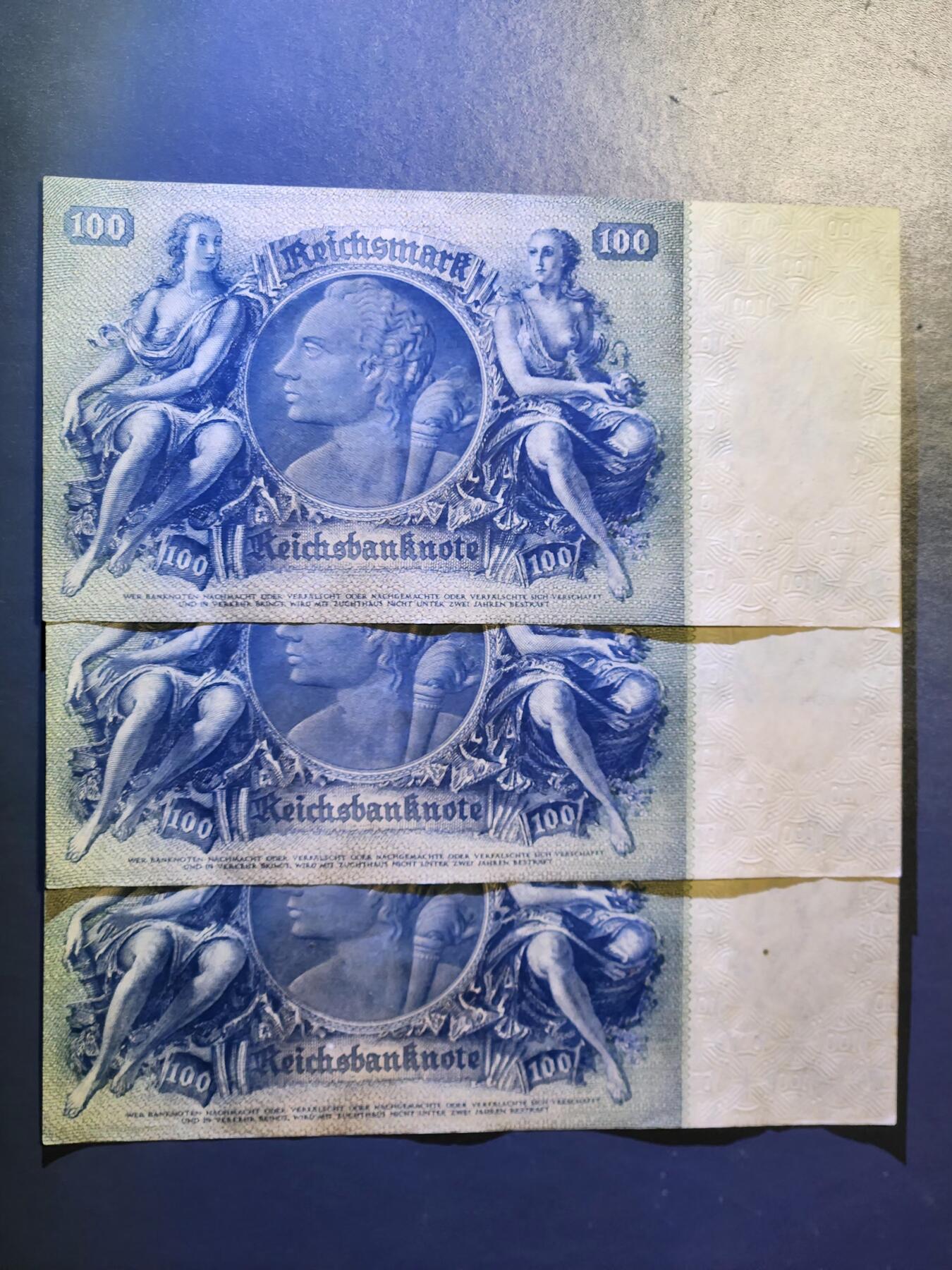 3月10号晚上8点 外国纸币自动截拍第36场 德国100马克新品3连号