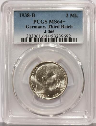 博洋堂世界钱币拍卖第164期（全场包邮） - PCGS MS64+ 德国第三帝国1938年兴登堡2马克银币，状态超好，无限接近MS65