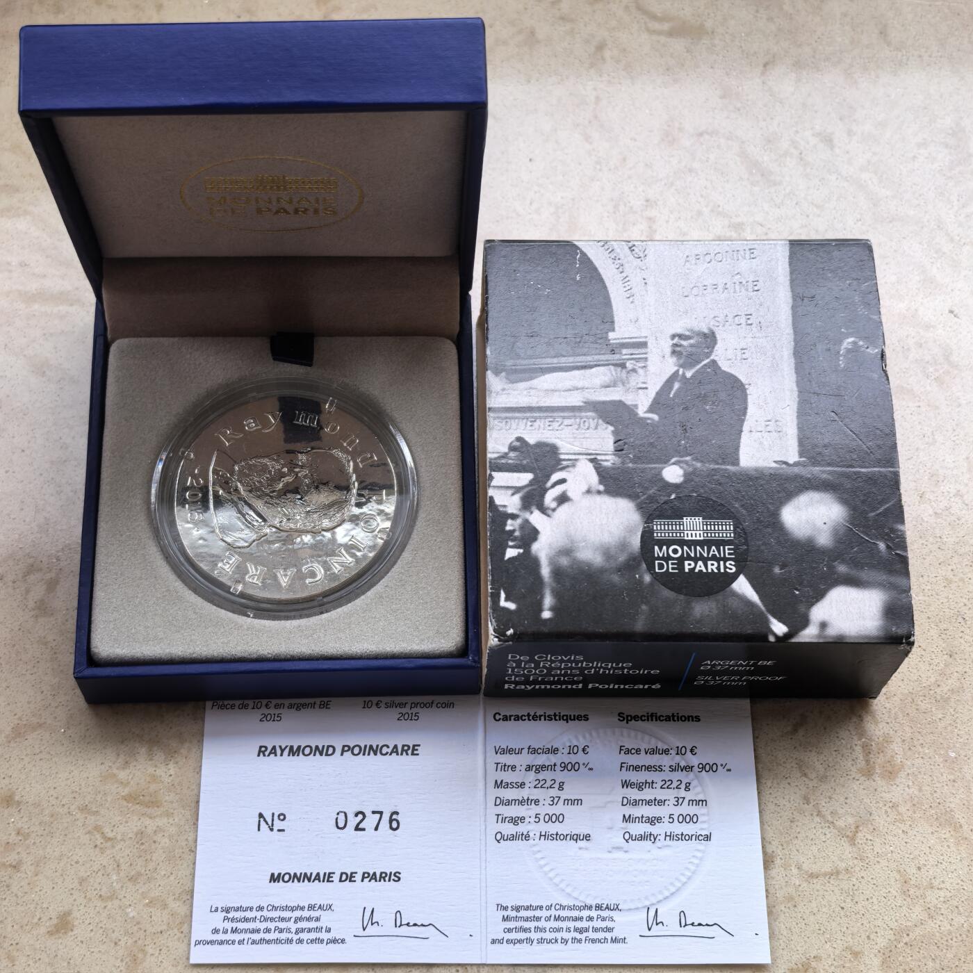 道一币馆币章第一百六十八场 原盒证 法国2015年历史上的领袖-雷蒙德·庞加莱10欧元复古银币  22.2g 900s 5000