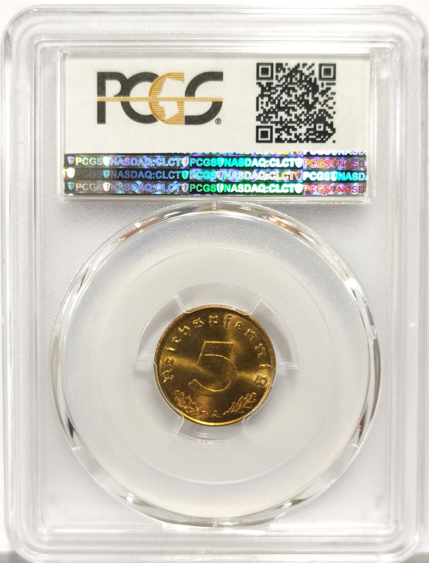 博洋堂世界钱币拍卖第164期（全场包邮） PCGS MS66 德国第三帝国1939年A版5芬尼铜币，极致高分，仅有3枚更高分，一枚毕业