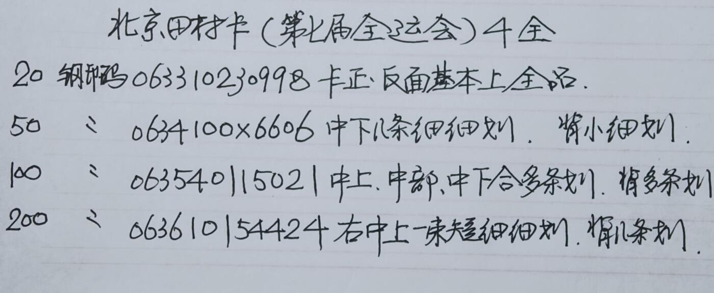 公藏第62期裸卡拍卖 北京田村卡（第七届全运会）4全品相钢印码见描述。