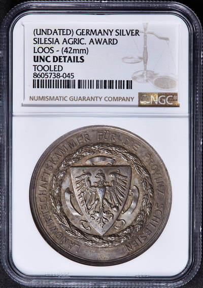 【俄甄集藏】2026年(049)03-18星期三 晚 19:30 全场包邮 - 德国19世纪普鲁士西里西亚省农业表彰大银章，NGC UNCD，黄油彩老包浆，设计精美，直径42mm，少见品种